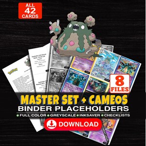 May include: A digital collection of 42 trading card binder placeholders featuring a Garbodor illustration. The set includes 8 files with full color, greyscale, and inksaver options, plus checklists. Text includes MASTER SET + CAMEOS BINDER PLACEHOLDERS.