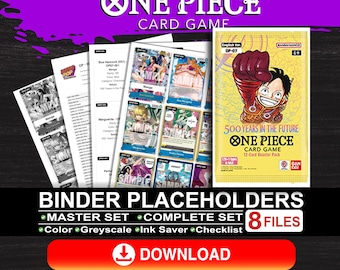 Puede incluir: Imagen promocional del juego de cartas One Piece, con un paquete de refuerzo, cartas de muestra y marcadores de carpeta. El diseño incluye el logotipo del juego, ilustraciones de personajes y el texto "500 Years in the Future".