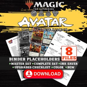 Może przedstawiać: Obraz promocyjny dla Magic: The Gathering z serii Avatar: The Last Airbender. Obraz zawiera symbole zastępcze kart, listę kontrolną i przycisk pobierania. Tekst zawiera "8 plików" i "Symbole zastępcze segregatora".