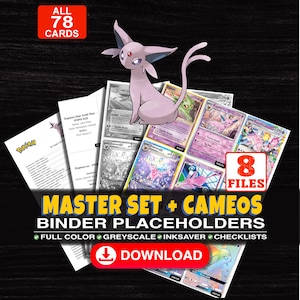 Puede incluir: Una colección digital de 78 marcadores de carpeta para cartas coleccionables Pokémon con una ilustración del personaje Espeon morado. El set incluye 8 archivos a color, escala de grises y ahorro de tinta, más listas. Texto: MASTER SET + CAMEOS BINDER PLACEHOLDERS.
