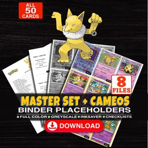 May include: A digital collection of 8 files featuring master set and cameo binder placeholders for 50 trading cards. The image displays a yellow Hypno character, various card layouts, and text including MASTER SET + CAMEOS BINDER PLACEHOLDERS.