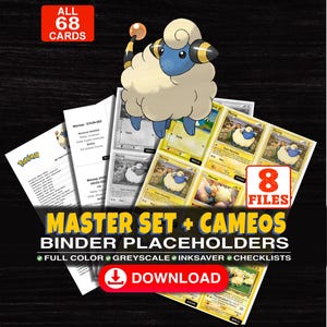 May include: A digital collection of 68 Mareep Pokemon trading card binder placeholders across 8 files. The image features a Mareep illustration, multiple card previews, and text including "MASTER SET + CAMEOS BINDER PLACEHOLDERS" and "DOWNLOAD".