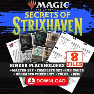 以下が含まれることがあります： マジック：ザ・ギャザリングの「Secrets of Strixhaven」のプロモーション画像。ゲームのロゴ、カード画像、および「Binder Placeholders」や「Download」などのテキストが表示されています。配色は暗く、青と黄色のアクセントがあります。