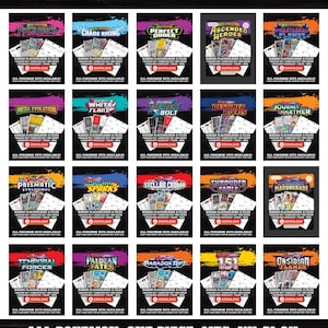 Könnte beinhalten: Eine digitale Anzeige mit zwanzig rechteckigen Karten für verschiedene Sammelkartensets, jeweils mit einem Titel, einer farbigen Grafik und einem roten Download-Button. Der Text lautet FIND YOUR SET IN OUR SHOP und ALL POKEMON, ONE PIECE, MTG, YU-GI-OH, AND LORCANA SETS AVAILABLE.