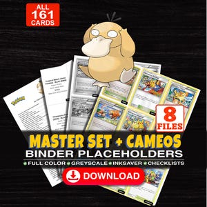 Puede incluir: Una colección digital de 161 marcadores de posición imprimibles para carpetas de cartas coleccionables con una ilustración de Psyduck. El set incluye 8 archivos a todo color, escala de grises y ahorro de tinta, además de listas.