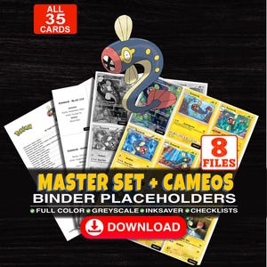 Peut inclure: Une collection numérique de 35 intercalaires pour classeur de cartes à collectionner illustrés avec Eelektrik. L'ensemble comprend 8 fichiers en couleur, niveaux de gris et économie d'encre, avec listes de contrôle. Texte : ALL 35 CARDS, 8 FILES, MASTER SET + CAMEOS BINDER PLACEHOLDERS, FULL COLOR, GREYSCALE, INKSAVER, CHECKLISTS, DOWNLOAD, et autres mentions.