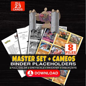 Puede incluir: Una colección digital de 23 marcadores de posición para carpetas de cartas coleccionables con el personaje Conkeldurr. El set incluye 8 archivos con opciones a color, escala de grises, ahorro de tinta y listas. El texto incluye: ALL 23 CARDS, 8 FILES, MASTER SET + CAMEOS BINDER PLACEHOLDERS, FULL COLOR, GREYSCALE, INKSAVER, CHECKLISTS, DOWNLOAD, y texto adicional sobre otros sets.