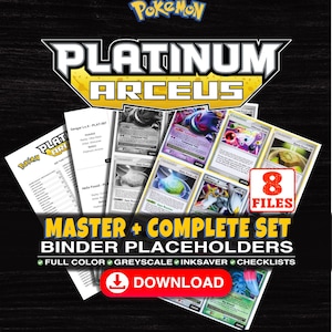 Könnte beinhalten: Eine digitale Sammlung von Pokemon Platinum Arceus Ordner-Platzhaltern mit acht Dateien, inklusive Checklisten, Vollfarb-, Graustufen- und Tintensparoptionen. Die Grafik zeigt verschiedene Sammelkarten, das Pokemon-Logo und einen roten Download-Button.