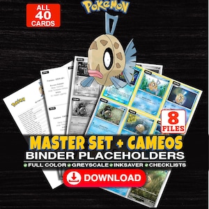 Puede incluir: Una colección digital de 40 marcadores de posición para carpetas de cartas coleccionables Pokémon con Feebas, incluyendo 8 archivos a todo color, escala de grises y ahorro de tinta. El set incluye listas y el texto Master Set + Cameos Binder Placeholders.