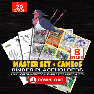 Può includere: Una collezione digitale di 29 segnaposto per raccoglitori di carte Pokemon Swellow con opzioni a colori, in scala di grigi e a risparmio d'inchiostro, incluse liste di controllo. 8 file scaricabili con varie illustrazioni.