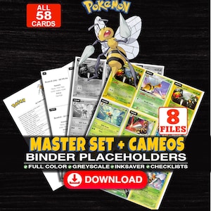 May include: A digital collection of 58 Pokemon Beedrill trading card binder placeholders across 8 files. The image features a Beedrill illustration, card previews, and text including MASTER SET + CAMEOS BINDER PLACEHOLDERS and DOWNLOAD.