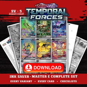 May include: A promotional image for the "Temporal Forces" set of Pokémon trading cards. The image features several colorful cards, a red "DOWNLOAD" button, and text that reads "INK SAVER • MASTER & COMPLETE SET" and "ALL POKEMON SETS AVAILABLE!"