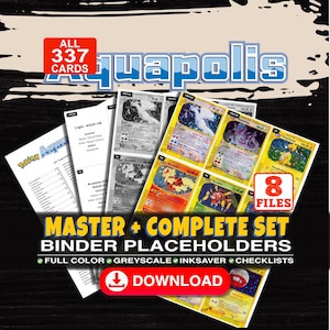 Puede incluir: Una colección digital de 337 marcadores de posición para carpetas de cartas coleccionables Aquapolis con 8 archivos, incluyendo versiones a todo color, escala de grises y ahorro de tinta con listas de verificación. Muestra cartas como Lugia.