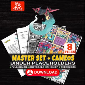 Può includere: Una collezione digitale di 25 segnaposto per raccoglitori di carte collezionabili con illustrazioni di Dragapult. Il set include 8 file a colori, in scala di grigi e in modalità risparmio inchiostro, più liste. Testo: MASTER SET + CAMEOS BINDER PLACEHOLDERS.