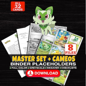 May include: A digital collection of 32 Pokémon trading card binder placeholders featuring Sprigatito, Pikachu, and various game cards. The set includes 8 files with full colour, greyscale, and ink-saver options, plus checklists for organisation.