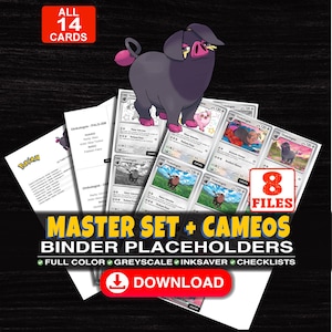 May include: A digital collection of 14 Oinkologne trading card binder placeholders featuring full colour, greyscale, and inksaver options. The set includes checklists and 8 files for organisation. Text includes MASTER SET + CAMEOS BINDER PLACEHOLDERS.