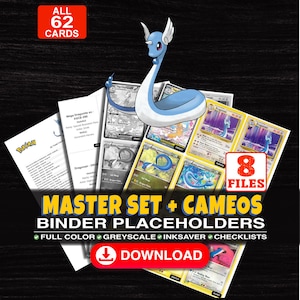 Può includere: Una collezione digitale di 62 segnaposto stampabili per raccoglitori di carte collezionabili con un personaggio Dragonair blu. Il set include 8 file con opzioni a colori, scala di grigi e risparmio inchiostro, più liste. Testo: MASTER SET + CAMEOS.