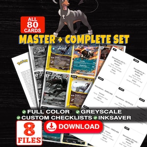 May include: A digital collection of 80 trading cards featuring a Houndoom character, including full color and greyscale checklists. The set includes 8 downloadable files with text labels such as ALL 80 CARDS MASTER + COMPLETE SET, FULL COLOR, GREYSCALE, CUSTOM CHECKLISTS, INKSAVER, and DOWNLOAD.