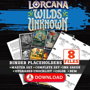 Può includere: Una collezione digitale di segnaposto per raccoglitori del gioco di carte collezionabili Disney Lorcana Wilds Unknown con otto file, inclusi set master, set completi, opzioni salva-inchiostro, liste di controllo e versioni a colori o in bianco e nero.