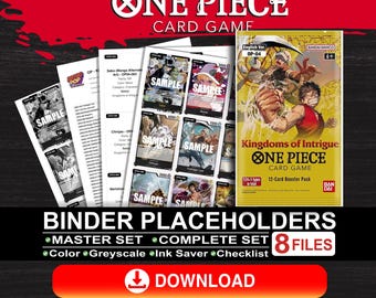 Puede incluir: Imagen promocional del juego de cartas One Piece. Presenta un paquete de refuerzo, cartas de muestra y marcadores de carpeta. El texto incluye "Kingdoms of Intrigue", "Master Set" y "Download". La combinación de colores es principalmente rojo, blanco y negro.