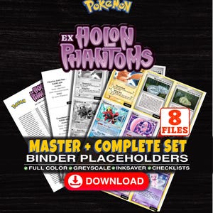 Könnte beinhalten: Eine digitale Sammlung von Pokémon EX Holon Phantoms Ordner-Platzhaltern mit 8 Dateien. Das Set enthält farbige, graustufige und tintensparende Checklisten für Karten wie Pikachu Gold Star, Crawdaunt ex und Mew ex sowie einen Download-Button.