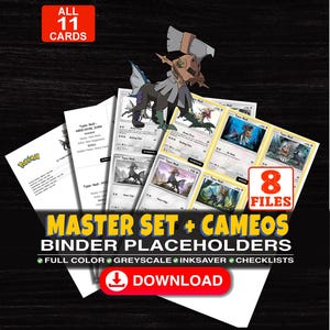 May include: A digital collection of printable binder placeholders for trading cards, featuring Type: Null character illustrations, checklists, and text labels. The set includes 11 cards and 8 files, with options for full color, greyscale, and inksaver formats for various card games.