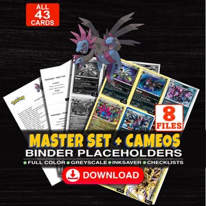 Może przedstawiać: Kolekcja 43 kart-przekładek do segregatora z Hydreigonem, zawierająca tekst ALL 43 CARDS, 8 FILES, MASTER SET + CAMEOS BINDER PLACEHOLDERS, FULL COLOR, GREYSCALE, INKSAVER, CHECKLISTS, DOWNLOAD oraz dodatkowy tekst na dole obrazu.