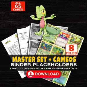May include: A digital collection of 65 Treecko trading card binder placeholders across 8 files. The image features a green Treecko character, various card layouts in color and grayscale, and text including MASTER SET + CAMEOS BINDER PLACEHOLDERS.