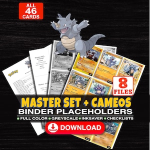 Può includere: Una collezione digitale di 46 segnaposto per raccoglitori di carte collezionabili con il Pokemon Rhydon. Il set include 8 file a colori, in scala di grigi e in modalità risparmio inchiostro, più liste. Testo: MASTER SET + CAMEOS BINDER PLACEHOLDERS.