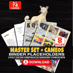 Puede incluir: Una colección digital de 74 marcadores de posición para carpetas de cartas coleccionables Pokémon con una ilustración del personaje Persian beige. El set incluye 8 archivos a todo color, escala de grises y ahorro de tinta, más listas.