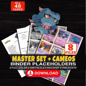 May include: A digital collection of 48 Misdreavus trading card binder placeholders featuring 8 files. The set includes full color, greyscale, and inksaver options with checklists. The graphic displays the text Master Set + Cameos Binder Placeholders.