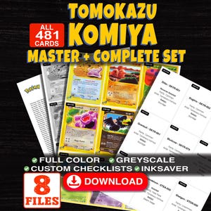 May include: A digital collection of 481 Tomokazu Komiya trading cards featuring a master complete set. The image displays full color and greyscale custom checklists, ink-saver files, and a download button. Text includes All 481 Cards Master + Complete Set.