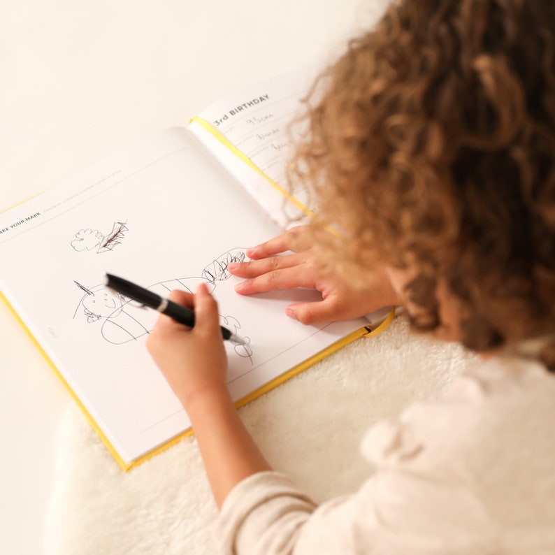 A heartfelt childhood memoir, this record journal documents precious memories each year, offering a unique touch with spaces for the child's drawings or pictures, creating a timeless keepsake. A unique baby shower gift.