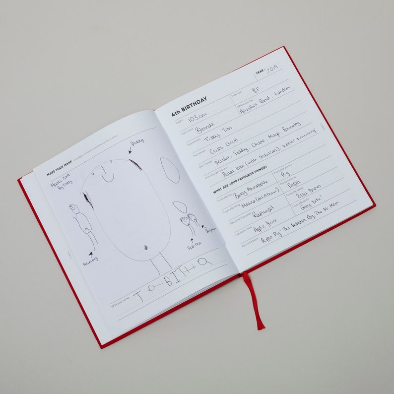 The childhood memory journal, displayed with child drawings of family in the 4th year, showcases stats and favourite things, evolving into a delightful keepsake for reminiscing over the years. A birthday book to record memories of childhood.