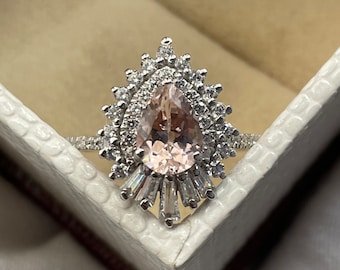 Pear Cut Morganite Halo Ring: Art Deco Sterling Silver Engagement Ring