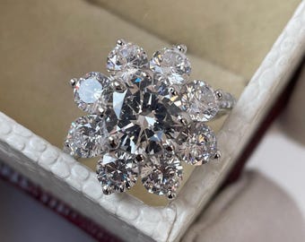 Anillo de girasol con moissanita: anillo de compromiso de plata de ley con corte brillante
