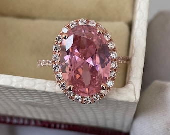 Pink Sapphire Halo Ring: Oval Cut, Pavé, Sterling Silver