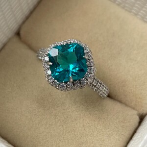Hexagon Paraiba Tourmaline Ring: Sterling Silver Halo, Neon Blue Gem