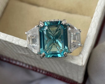 Emerald Cut Aquamarine Ring: Vintage 925 Sterling Silver, Crystal Accents