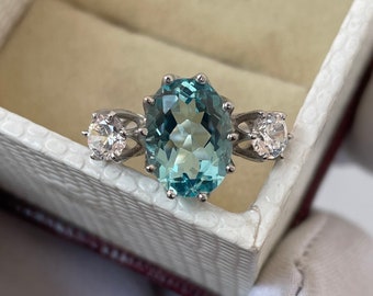 Anillo vintage de aguamarina ovalada: anillo de compromiso de plata de ley 925