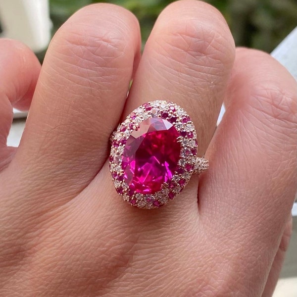 AAA Pink Sapphire Ring, Sapphire Cluster Ring, Oval Cut Ring, 925 Sterling Silver, Engagement Ring, Wedding Ring, Vintage Ring