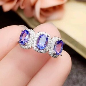 Tanzanite Triple Stone Halo Ring Tanzanite Engagement Ring Wedding Rings Statement Ring Solitaire Ring Promise Ring Etsy