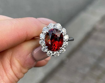 Spessartite Garnet Ring, Spessartite Engagement Ring, Halo Ring. Fanta Garnet Ring, Wedding Ring, 925 Sterling Silver, Anniversary Ring