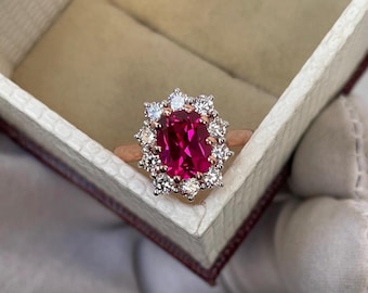 Pink Sapphire Halo Ring: Oval Cut, Sterling Silver Victorian Wedding Ring