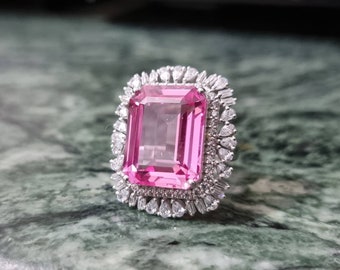 Sapphire Ring, Pink Sapphire Ring, Octagon Cut Ring, Sapphire Halo Ring, 925 Sterling Silver, Engagement Ring, Wedding Ring, Gift for Women