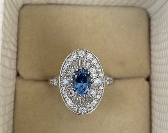 Vintage 14k Gold Blue Sapphire Ring: Mosaic Cluster Engagement Ring