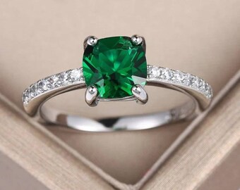 Contemporary Emerald Engagement Ring, Emerald Pavé Ring, Green Emerald Ring, Art Deco Ring, Cushion Cut Emerald Ring, 925 Sterling Silver.