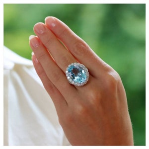 Swiss Blue Topaz Halo Ring | Pave Engagement Ring in 925 Sterling Silver | Statement Wedding Ring for Women | Bridal Jewelry Gift for Her
