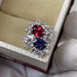 Vintage Zwei-Stein-Ring: Lab Sapphire & Rubin, 14k Gold Statement Ring