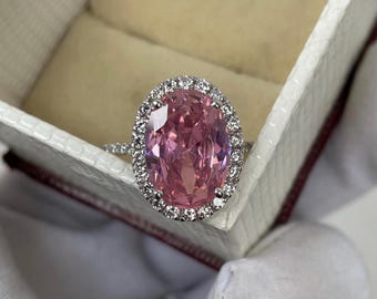 Pink Sapphire Ring, Oval Cut,  Engagement Ring, Halo Pavé Ring, 925 Sterling Silver, Wedding Ring, Victorian Ring For Women